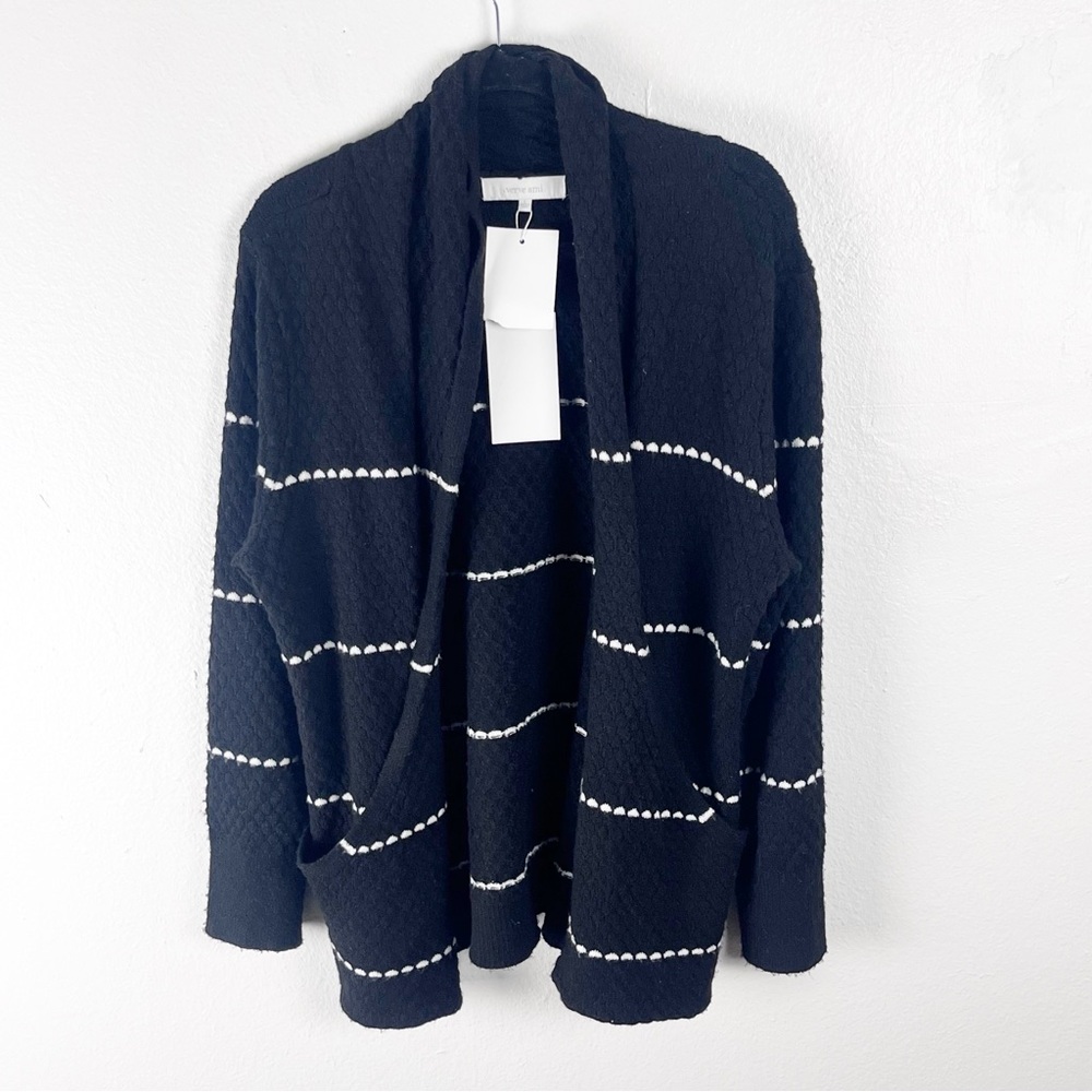 VERVE AMI Black White Long Sleeve Striped Pockets Open Cardigan Large Cozy Comfy